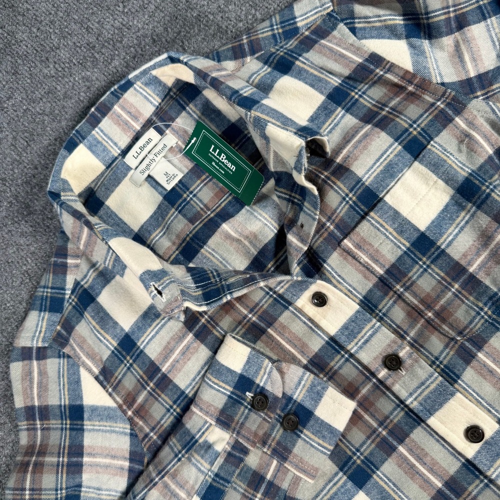 LL Bean Scotch Plaid Flannel Shirt Indigo Tartan Blue Brown Medium Petite #4371